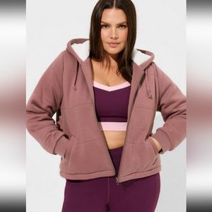 New Torrid 1X(14/16W) Fleece Fur Lined Bomber Hoodie Jacket - Rose Taupe N…